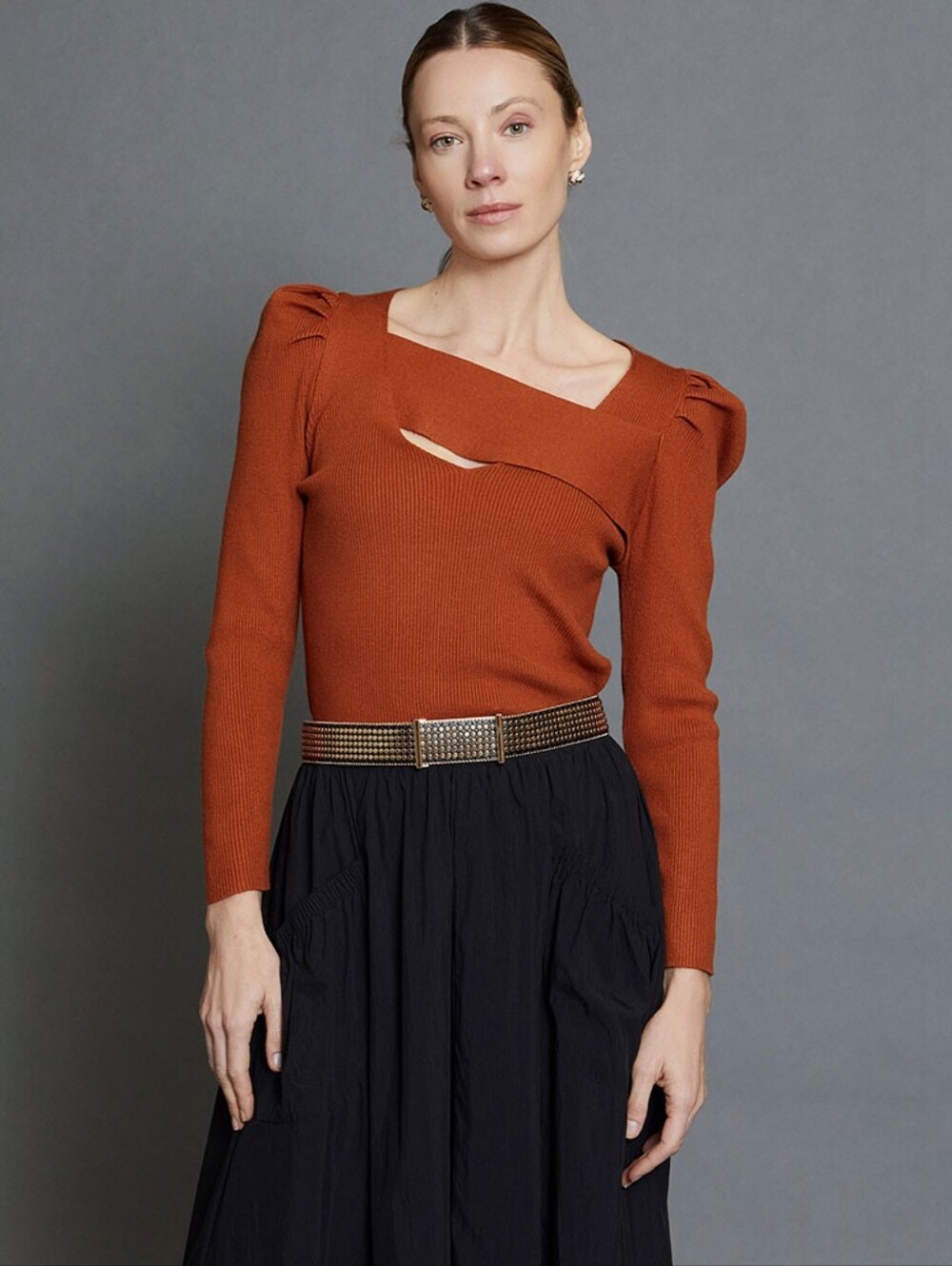 SKATIE Barcelona Ribbed Asymmetric Cutout Knit Top Rust Orange Medium